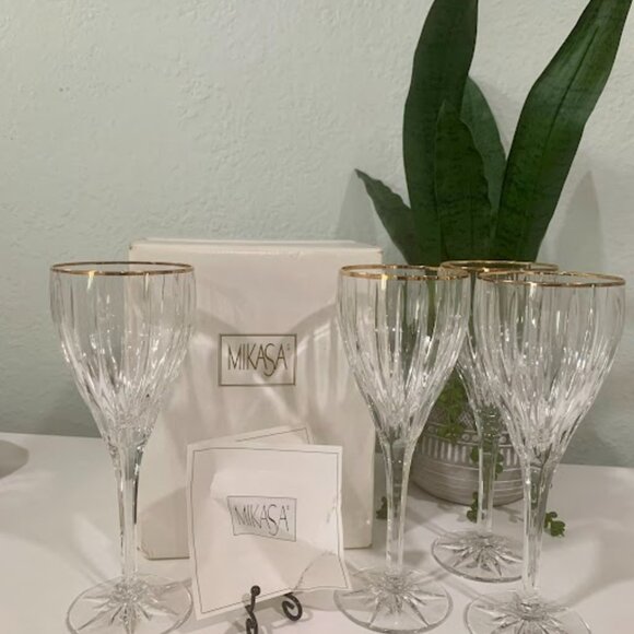 VTG~ Mikasa Crystal GOLDEN TIARA Set of 4 w/ Box 🥂🥂 1 of 2 - - Picture 1 of 7